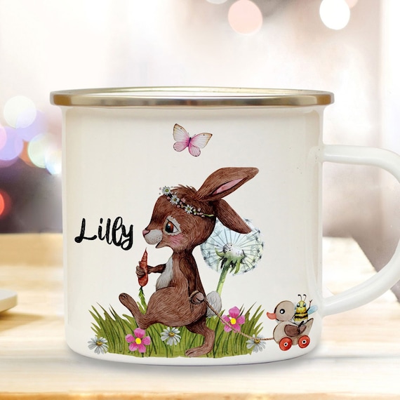 Emaille Becher Tasse Kaffeebecher Hase auf Fahrrad & Wunschname Geschenk eb361 Emaille Becher Tasse Kaffeebecher Hase auf Fahrrad & Wunschname Geschenk eb361