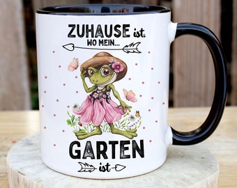 Taza con texto "El hogar es donde está mi jardín" y rana, señora, taza de café, regalo, taza ts2085