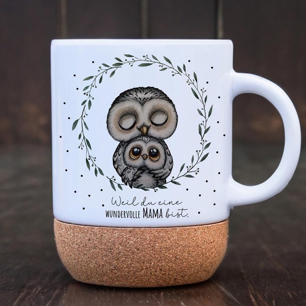 Tasse Becher Keramiktasse mit Kork Korktasse Eule mit Kind Spruch wundervolle Mama Kaffeebecher Kaffeetasse Geschenk tsk14