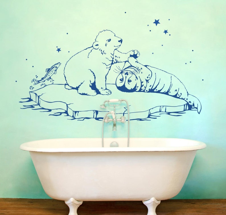 Tatouage mural ours polaire phoque poisson décoration murale salle de bain M1534 image 1