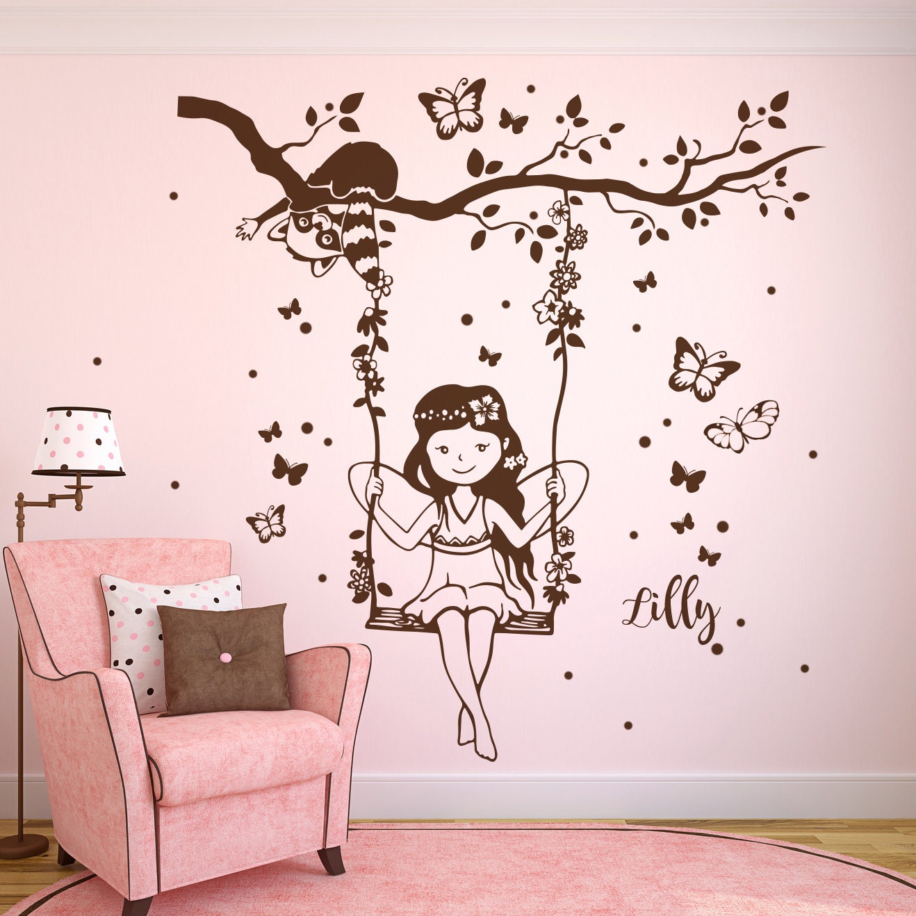 Wall Sticker Elf Fairy on Swing With Raccoon M2129 - Etsy Hong Kong