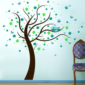 Wall tattoo owl tree owls tree flowers blossoms M801 image 1