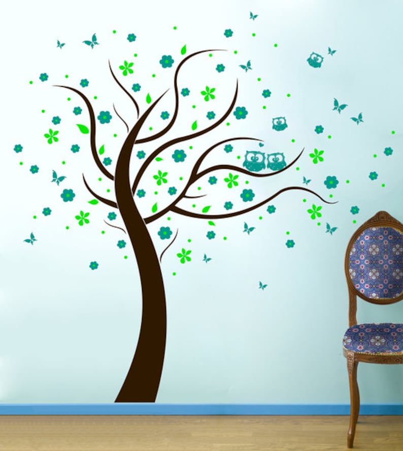 Wall tattoo owl tree owls tree flowers blossoms M801 image 1