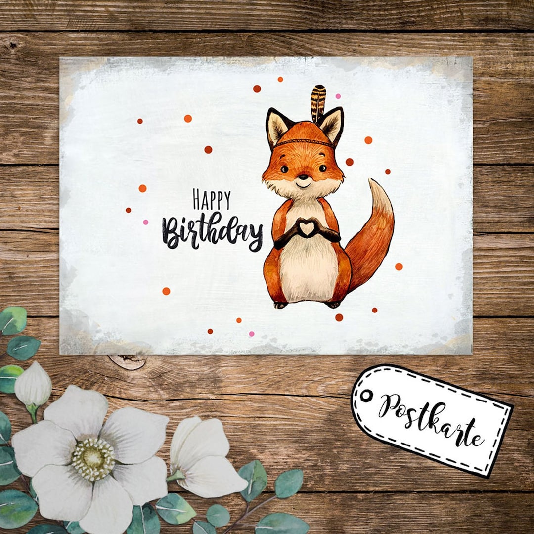 A6 Geburtstagskarte Postkarte Geburtstag Print Fuchs Indianerfuchs mit