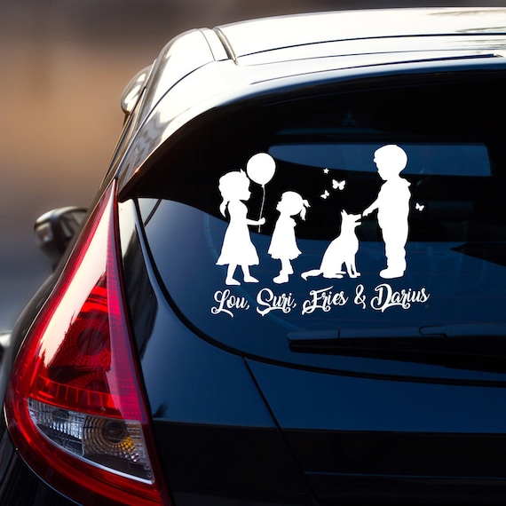 Car Sticker Rear Window 2 Girls 1 Boy and Dog Dog Balloon Name