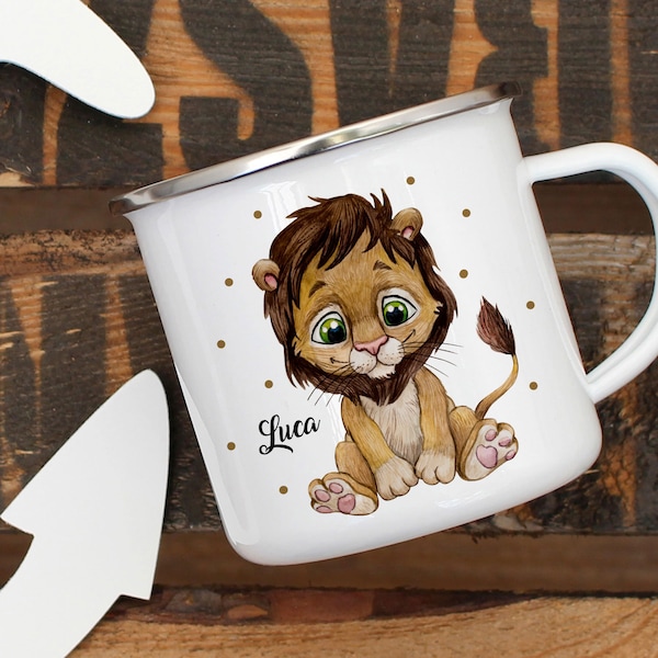 Enamel mug cup camping lion lion boy & desired name name coffee cup gift eb389