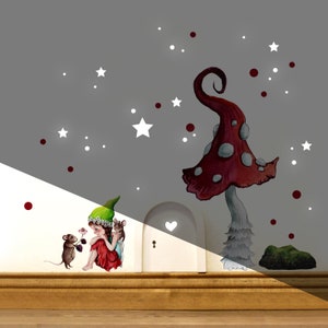 Elf door with wall sticker elf girls with mice and fly agaric + light sticker E30