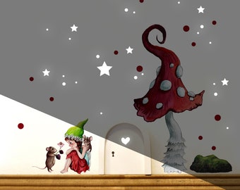 Elf door with wall sticker elf girls with mice and fly agaric + light sticker E30