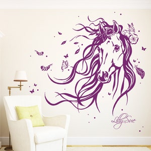 Wall decal horse wild horse flowers feathers name 1874 image 3