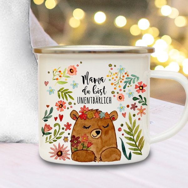 Emaille Becher Camping Tasse Mama du bist unentbärlich Kaffeetasse Geschenk zum Muttertag Mutti Mutter eb590