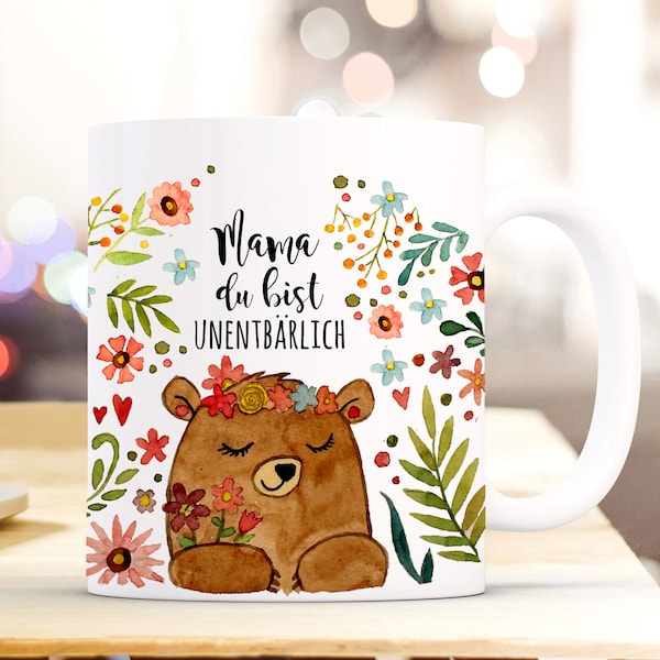 Tasse Kaffeebecher Kaffeetasse Geschenk Muttertag Mama du bist unentbärlich mit Bär und Blumen mothersday ts2000