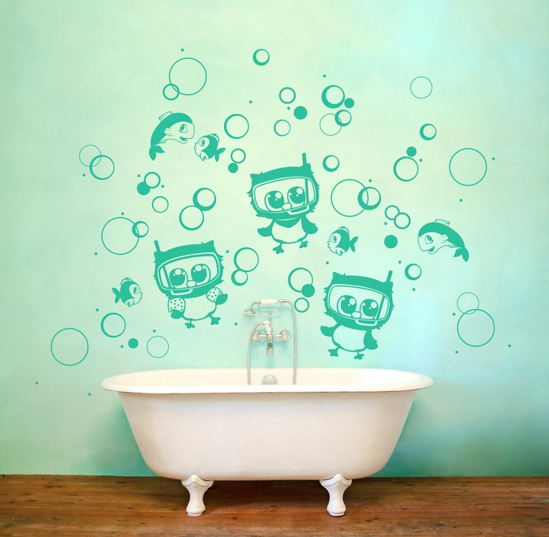 Wall sticker owls owl diving goggles fish bubbles image 2