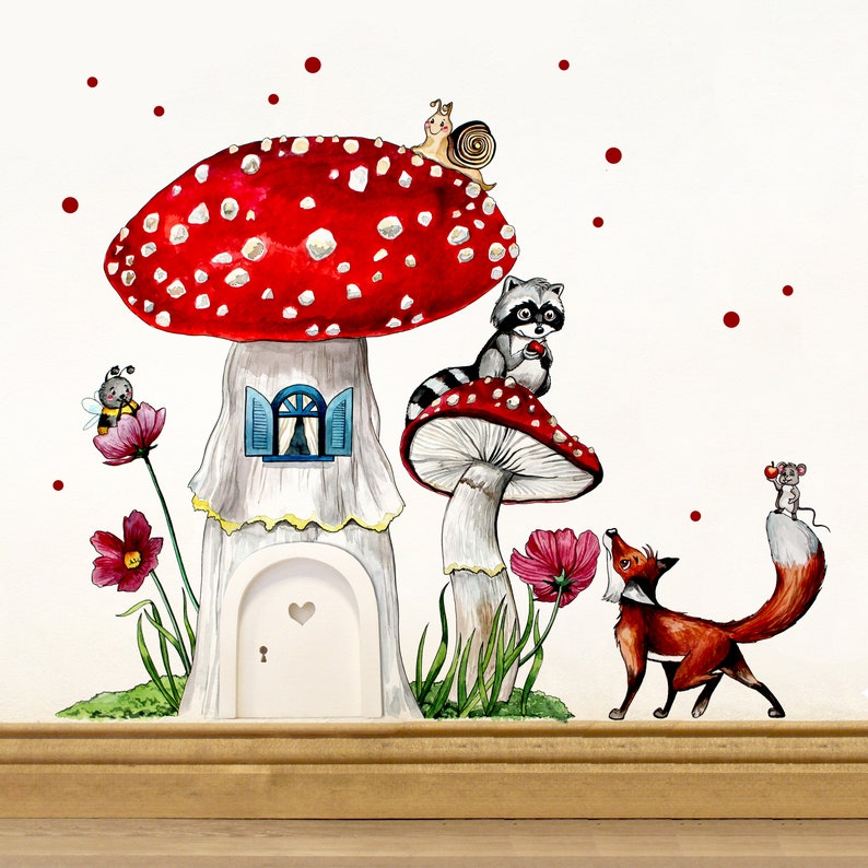 Elf door with wall sticker fly agaric forest animals e07 image 2