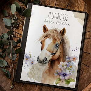 Zeugnismappe 10er 20er Hülle Deckblatt A4 Pferd Pferdchen horse Wildflower personalisierbar Schulanfang Schulanfänger Einschulung Name zm69