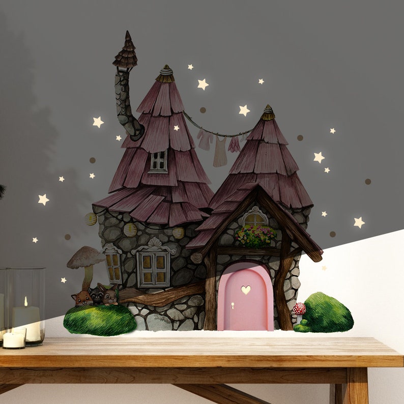 Gnome door elf door fairy door with wall sticker elf house with animals on moss hill in the forest light sticker E37 image 4