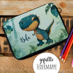 Gefüllte Federtasche mit Dinosaurier Dino TRex  T Rex Schulstart Federmappe individuelles Federmäppchen & Namen Wunschnamen fm241