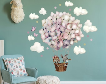 Wall tattoo children's room decoration hot air balloon hydrangea flowers balloon bunny with clouds butterflies decoration for children's room fw16