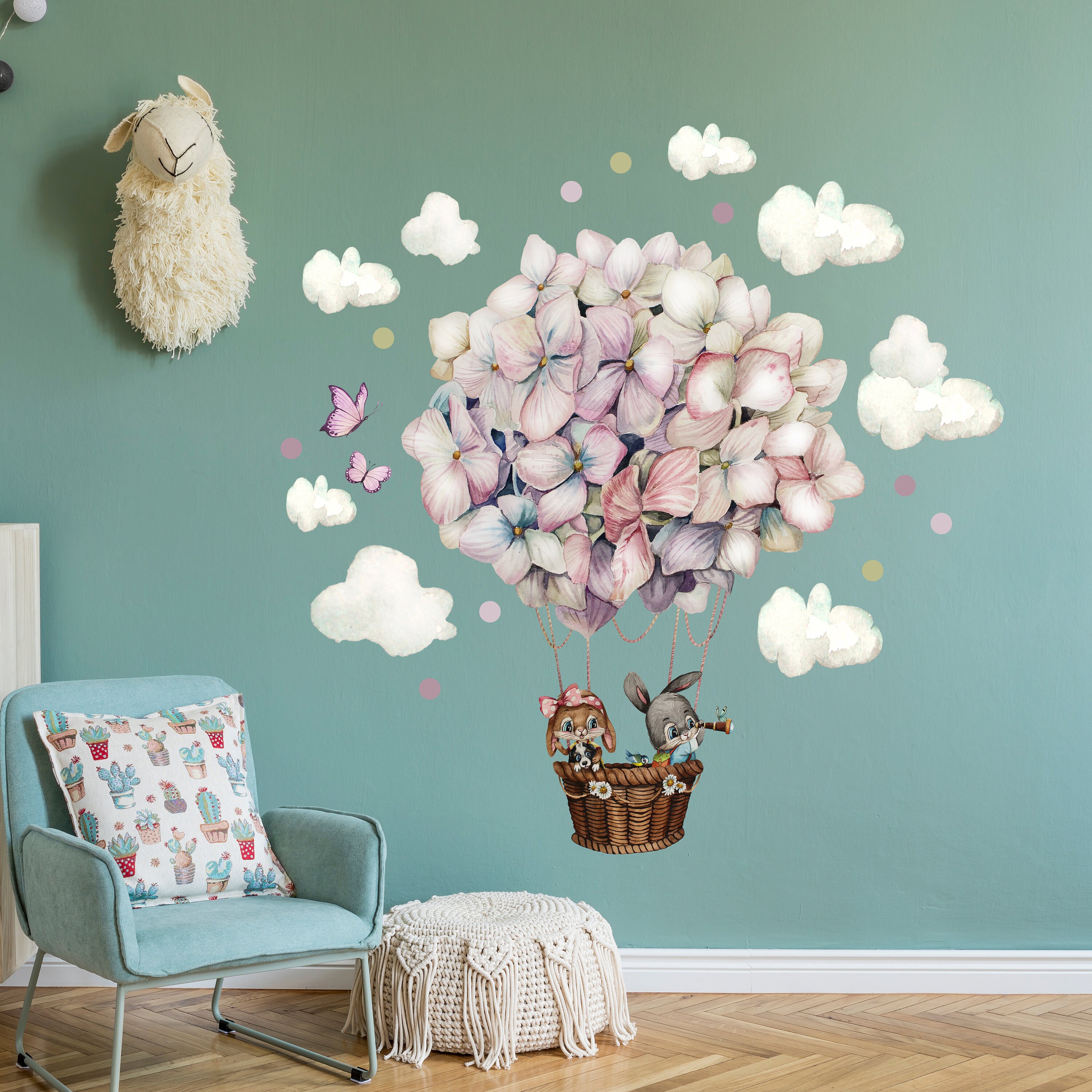 wandtattoo heißluftballon Wandtattoo Kinderzimmerdeko Heißluftballon Hortensie Blüten Balloon