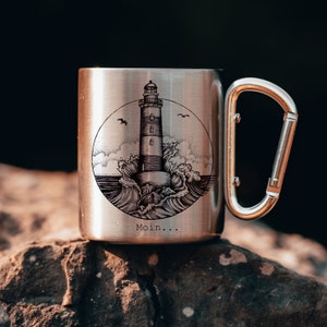 Camping mug stainless steel with carabiner cup mug coffee mug camping lighthouse lake sea Moin cb07