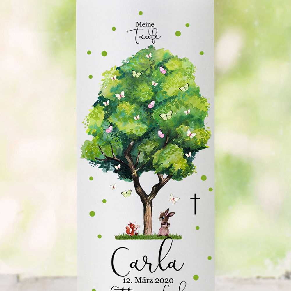Individualisierte Taufkerze Mit Baum-Motiv - Handbemalt Mit Wunschname & Datum, 25cm