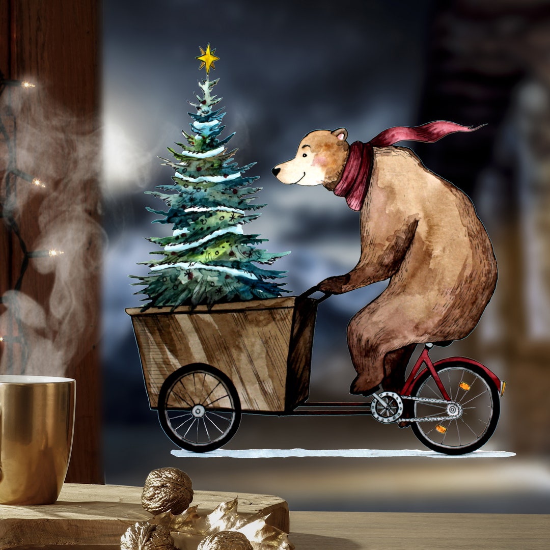Fensterbild Bär auf Fahrrad mit Weihnachtsbaum WIEDERVERWENDBAR