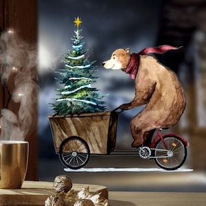 Window picture bear on bicycle with Christmas tree -REUSABLE- window decoration window pictures bf7