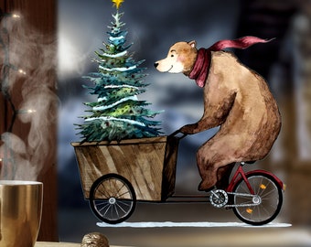 Quadro per finestra orso in bicicletta con albero di Natale -RIUTILIZZABILE- decorazione per finestra quadri per finestra bf7