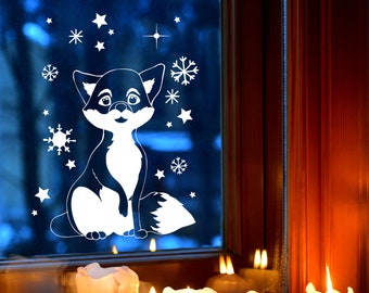Window picture fox fox in the snow snowflakes stars winter landscape window decoration children's room M2403