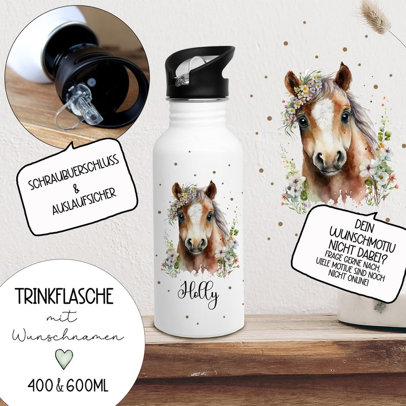 Drinking bottle, insulated bottle, drinking cup, children's horse, horse, wildflower horse horses, girl's name, personalized trk41 image 1