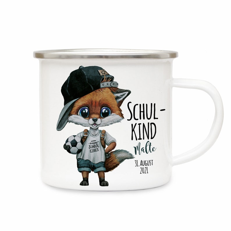 Cup enamel mug cushion back to school fox baseball cap football boy girl saying school child desired name date bundle12 image 2