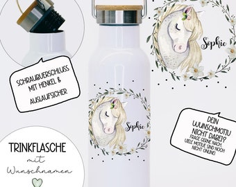 Drinking bottle vacuum flask drinking cup horse little horse white mane wreath motif personalized with name sustainable with bamboo lid tbd04