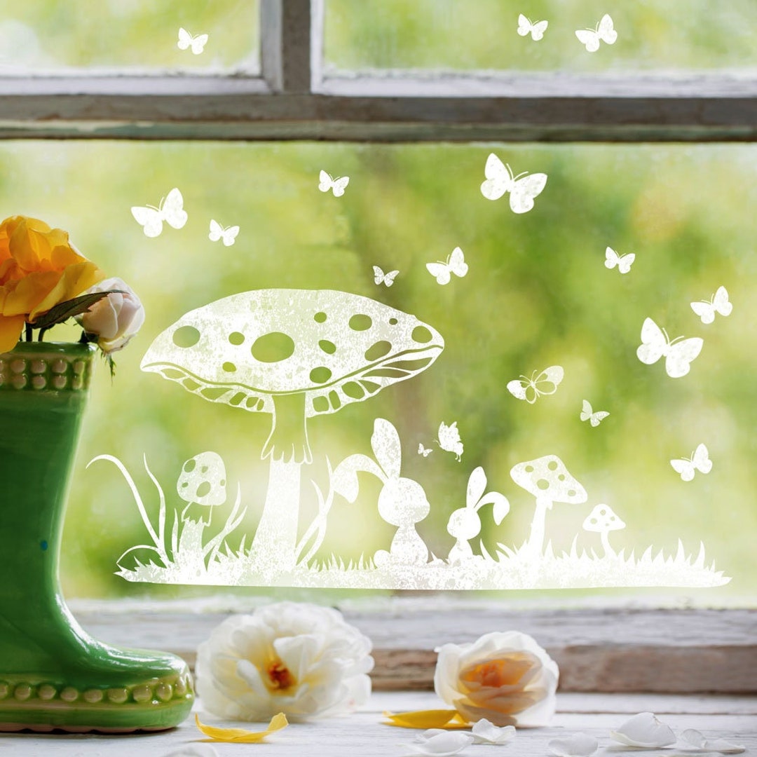 Spring Classroom Window Rabbit Template Window Picture Rabbit Bunny Mushroom Meadow Chalk Window ...