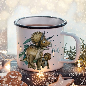 Enamel Mug Camping Cup Dinosaur Dino Triceratops & Cub with Name of Your Choice Name Coffee Cup Gift Bundle24