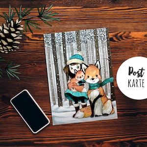 Carte postale imprimée Winter Wonderland Carte de Noël fille avec renard renards renard salutations de Noël pk206