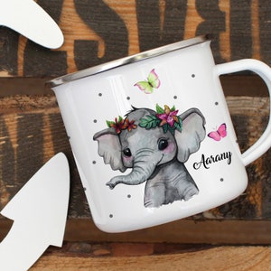 Emaille mok beker camping olifant Indische vlinders & gewenste naam koffiekopje cadeau eb396