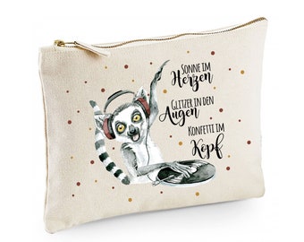Canvas Pouch Bag Lemur DJ & Saying Confetti in the Head Dots Wash Bag Toiletry Bag Cosmetic Bag Individually Printed cl53