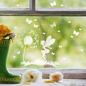 May include: A white silhouette of a fairy with wings, standing on a dandelion with a white background. The fairy is holding a flower and there are butterflies flying around her.