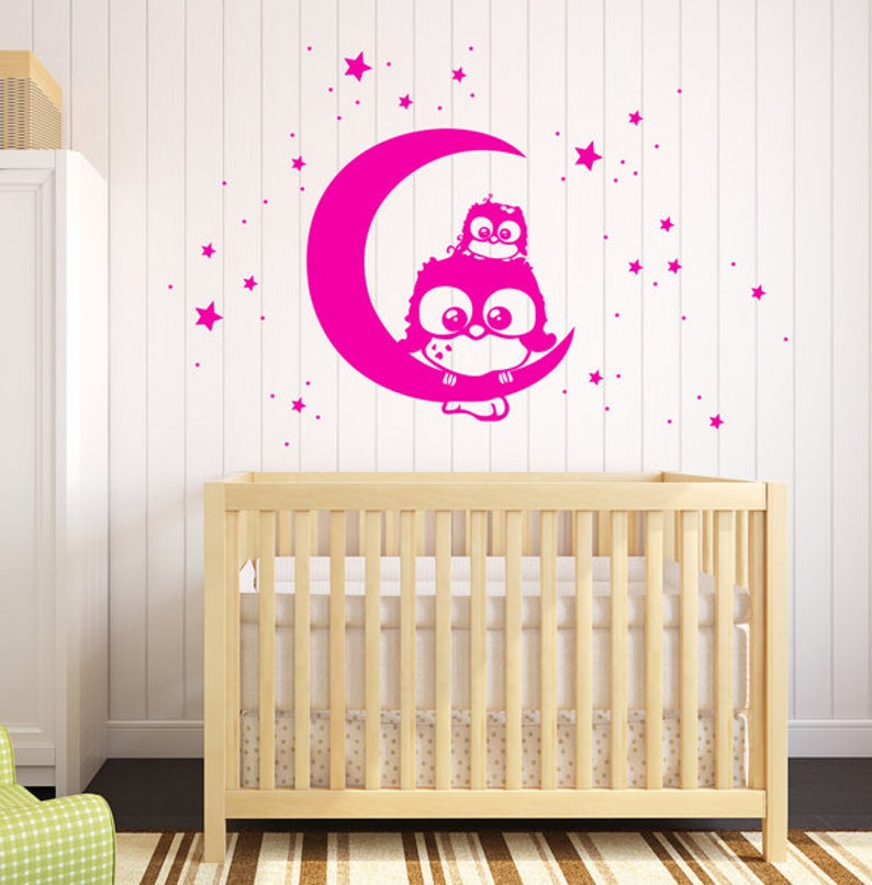 Wall tattoo owl Lotte with baby Mo on moon M1175 image 3