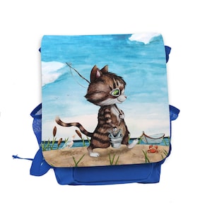 Sac à dos pour enfants Tomcat chat chaton pêche chat pêche poisson rouge bleu clair bleu maternelle sac à dos nom souhaité kgn051