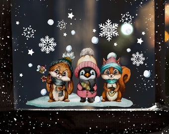 May include: A winter scene featuring a bunny, penguin, and squirrel wearing winter hats and scarves. The animals are standing on a snowy background with snowflakes and stars.