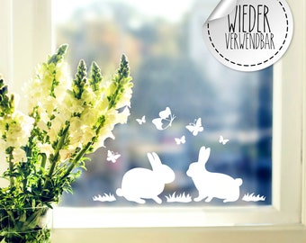 Fensterbild 2 Hasen Häschen Schmetterlinge wiederverwendbar Frühling Frühlingsdeko Ostern Osterdeko Fensterdeko Fensterbilder M2452
