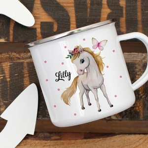 Enamel mug cup camping horse horse butterfly & desired name name coffee cup gift eb390