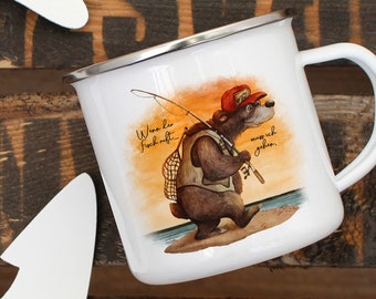 Emaille Becher Camping Tasse Angeler Bär Angel Spruch Wenn der Fisch ruft Kaffeetasse Geschenk Spruchbecher eb379