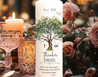 Taufkerze Junge Mädchen Patenkerze Gastkerze Kerze heilige Taufe Lebensbaum Blumen Wunschname Spruch individualisierbar Konfirmation wk264