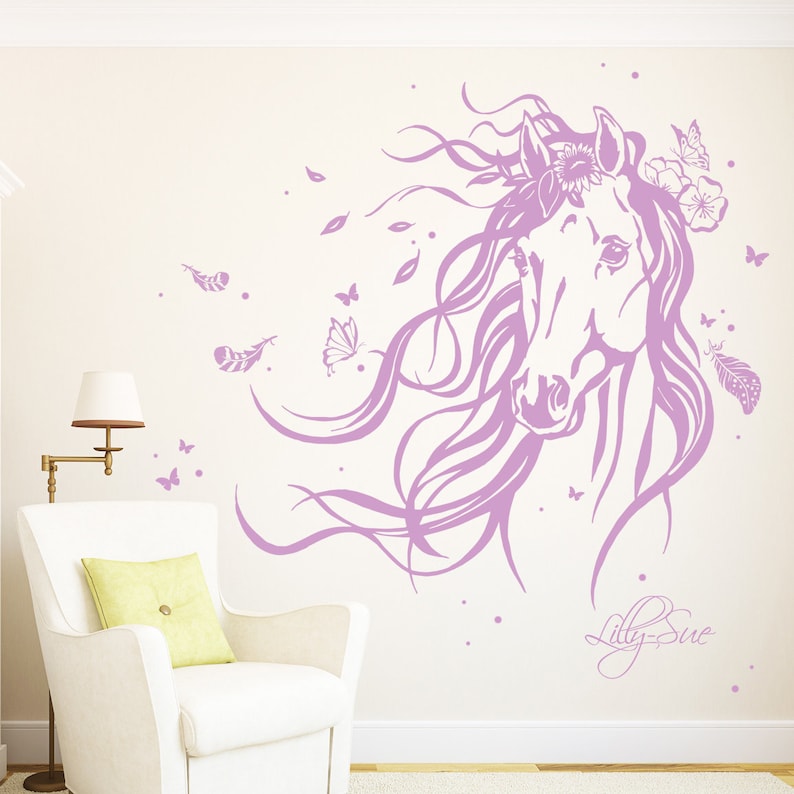 Wall decal horse wild horse flowers feathers name 1874 image 1