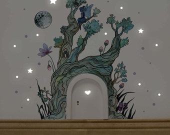 Gnome door elf door fairy door with wall sticker fairy and magical fairy tree E06