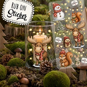 Könnte beinhalten: Ein Bogen mit weihnachtlichen Aufreibebildern, die einen Schneemann, ein Eichhörnchen, einen Elch, einen Igel und einen Hasen mit rot-weißen Winteraccessoires zeigen. Der Bogen enthält Lichterketten, Sterne, Herzen und Merry Christmas-Textetiketten.
