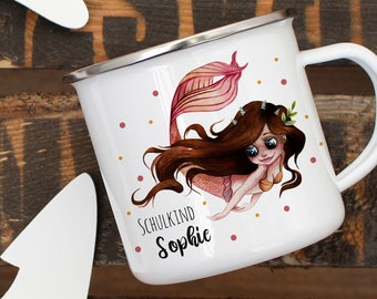 Enamel cup for school enrollment camping mug brunette mermaid saying school child & desired name coffee cup gift eb454