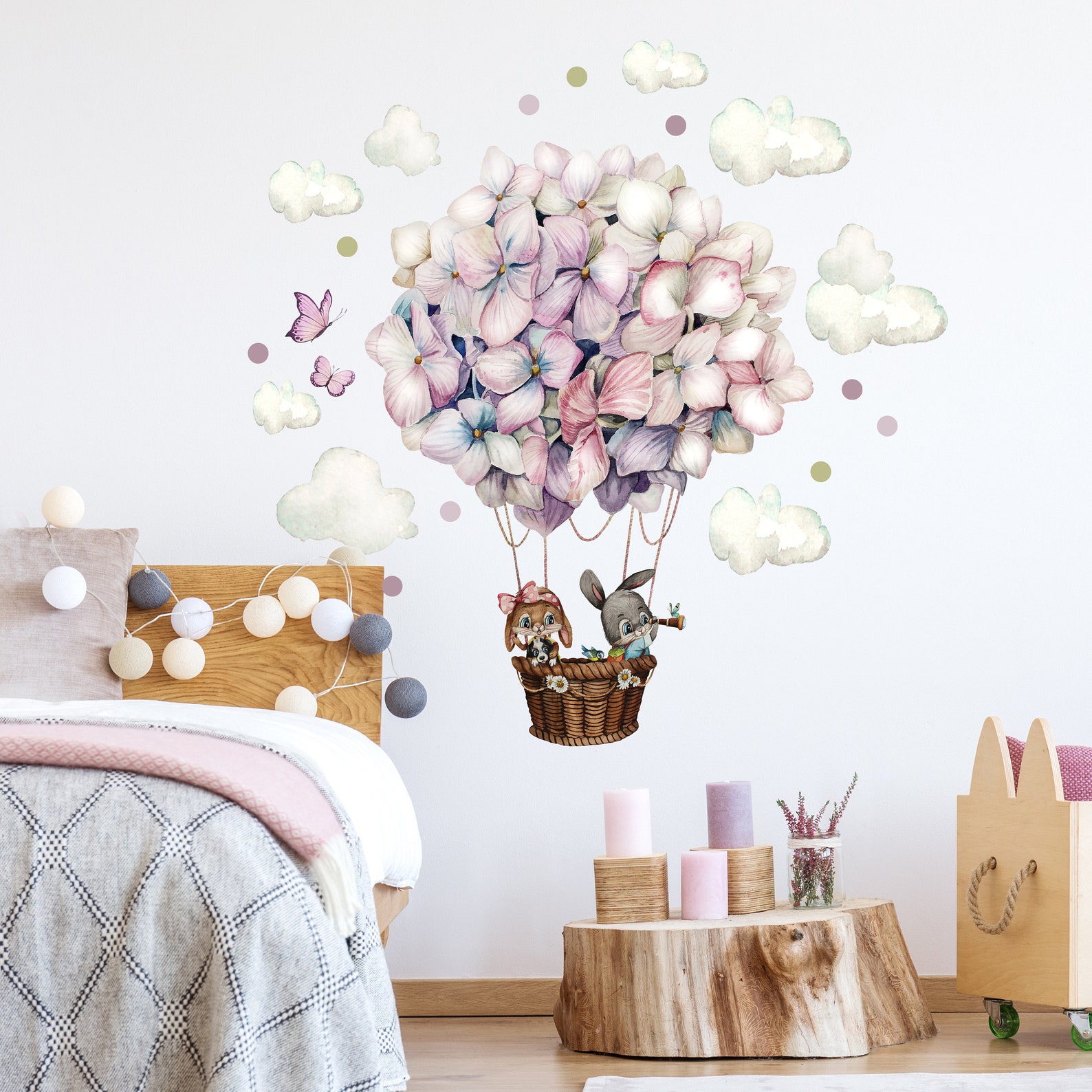 wandtattoo heißluftballon Wandtattoo Kinderzimmerdeko Heißluftballon Hortensie Blüten Balloon