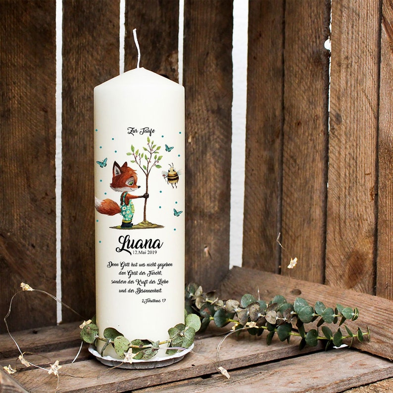 Baptism candle candle for baptism or birth communion candle fox with tree bees dots saying desired name & date wk116 image 1